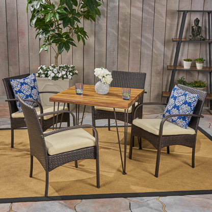 Brady Outdoor Industrial Wood and Wicker 5 Piece Square Dining Set, Teak and Multi Brown and Crème