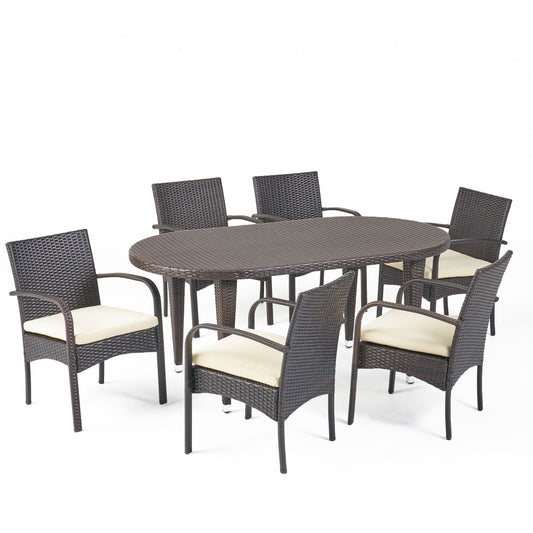 Carpenter Outdoor 7 Piece Multi-brown Wicker Dining Set with Crème Cushions