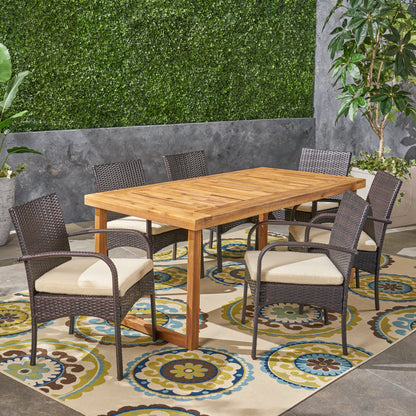 Camryn Outdoor 6-Seater Acacia Wood Dining Set with Wicker Chairs, Sandblast Natural Finish and Multi Brown and Cream