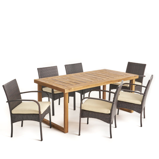 Camryn Outdoor 6-Seater Acacia Wood Dining Set with Wicker Chairs, Sandblast Natural Finish and Multi Brown and Cream