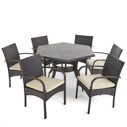 Jasmine Outdoor 7 Piece Wicker Hexagon Dining Set with Water Resistant Chairs