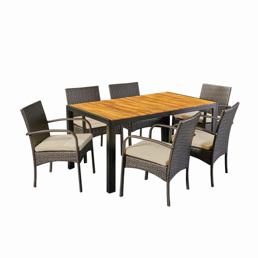 Quintina Outdoor 6-Seater Rectangular Acacia Wood and Wicker Dining Set, Teak with Black and Brown with Cream