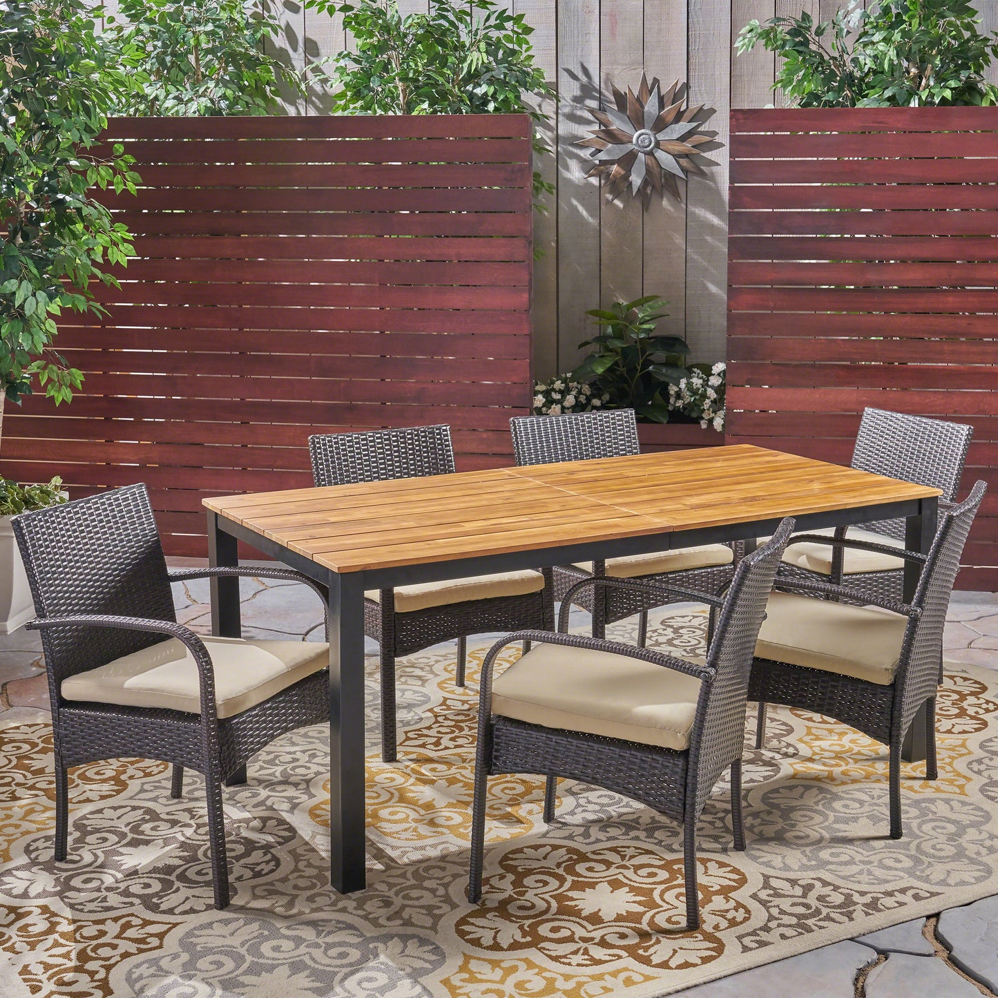 Nicole Outdoor 7 Piece Acacia Wood Dining Set with Wicker Chairs, Teak and Multi Brown and Cream