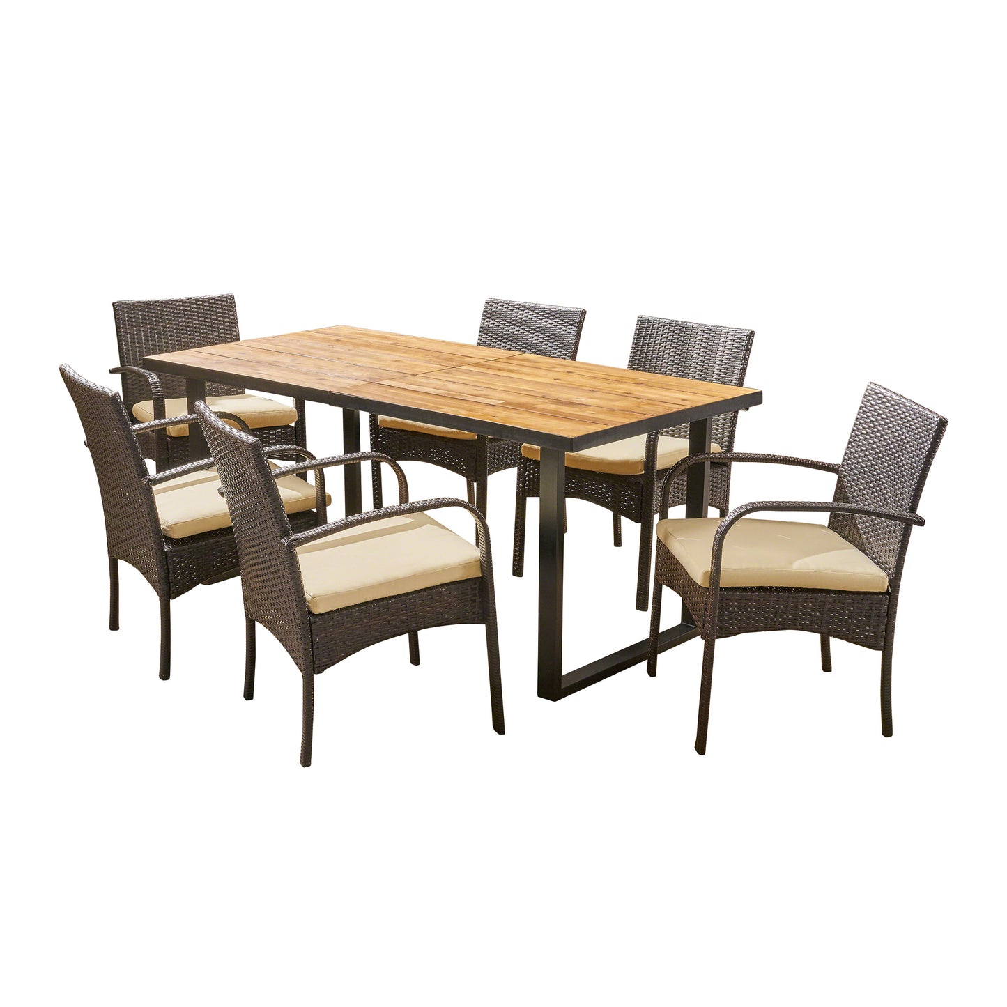 Amenda Outdoor 6-Seater Rectangular Acacia Wood and Wicker Dining Set, Teak with Black and Multi Brown with Cream