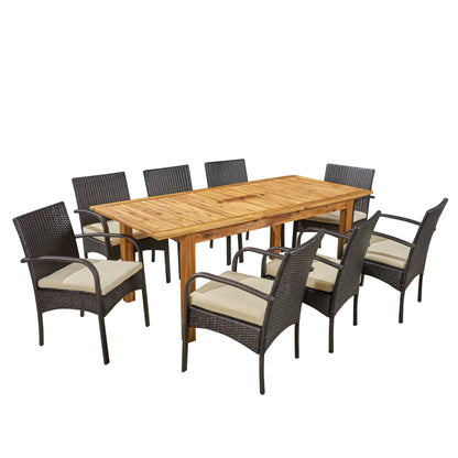 Elis Outdoor 7 Piece Wood and Wicker Expandable Dining Set