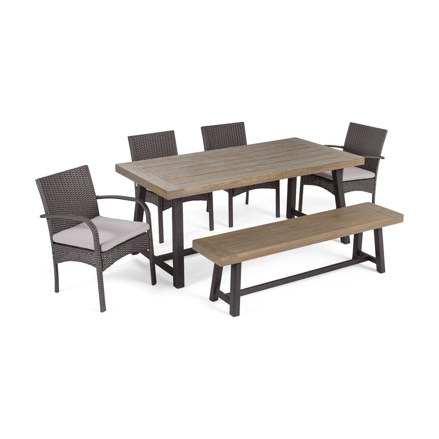 Temorah Outdoor 6 Piece Dining Set with Wicker Chairs and Bench