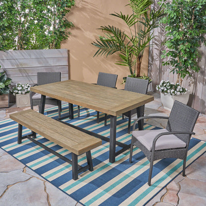 Temorah Outdoor 6 Piece Dining Set with Wicker Chairs and Bench