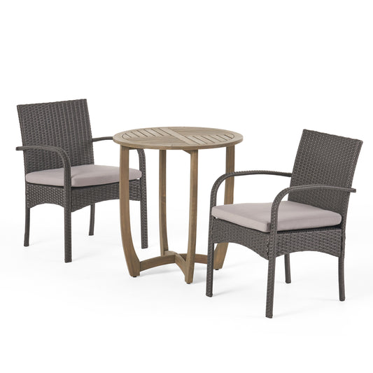 Jerica Outdoor 3 Piece Wood and Wicker Bistro Set, Gray and Gray