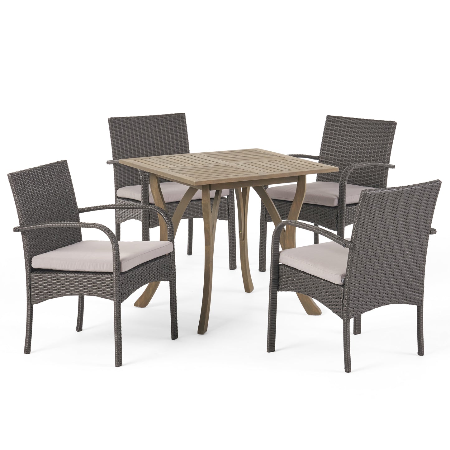 Derek Outdoor 5 Piece Wood and Wicker Square Dining Set, Gray and Gray