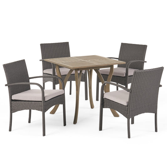 Derek Outdoor 5 Piece Wood and Wicker Square Dining Set, Gray and Gray