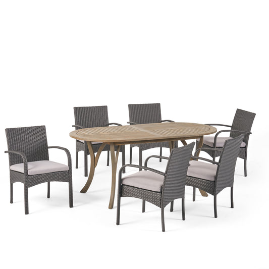 Isla Outdoor 7 Piece Wood and Wicker Dining Set, Gray Finish and Gray