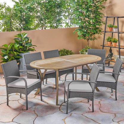 Isla Outdoor 7 Piece Wood and Wicker Dining Set, Gray Finish and Gray