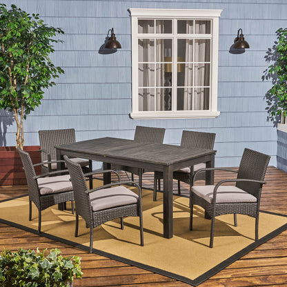 Elis Outdoor 7 Piece Wood and Wicker Expandable Dining Set