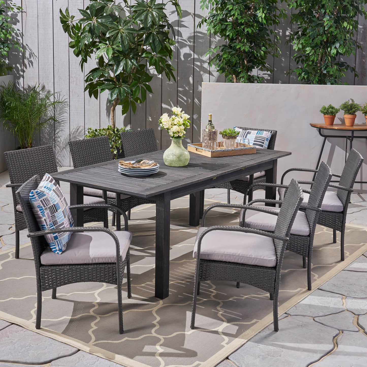 Elis Outdoor 9 Piece Wood and Wicker Expandable Dining Set