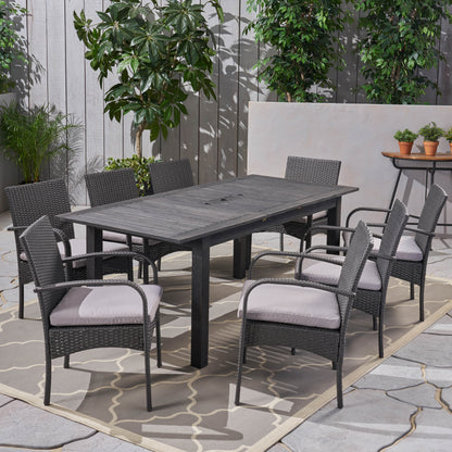 Elis Outdoor 9 Piece Wood and Wicker Expandable Dining Set