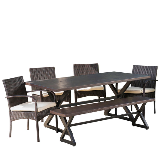 Palladium Outdoor 6 Piece Brown Aluminum Dining Set with Bench and Wicker Dining Chairs