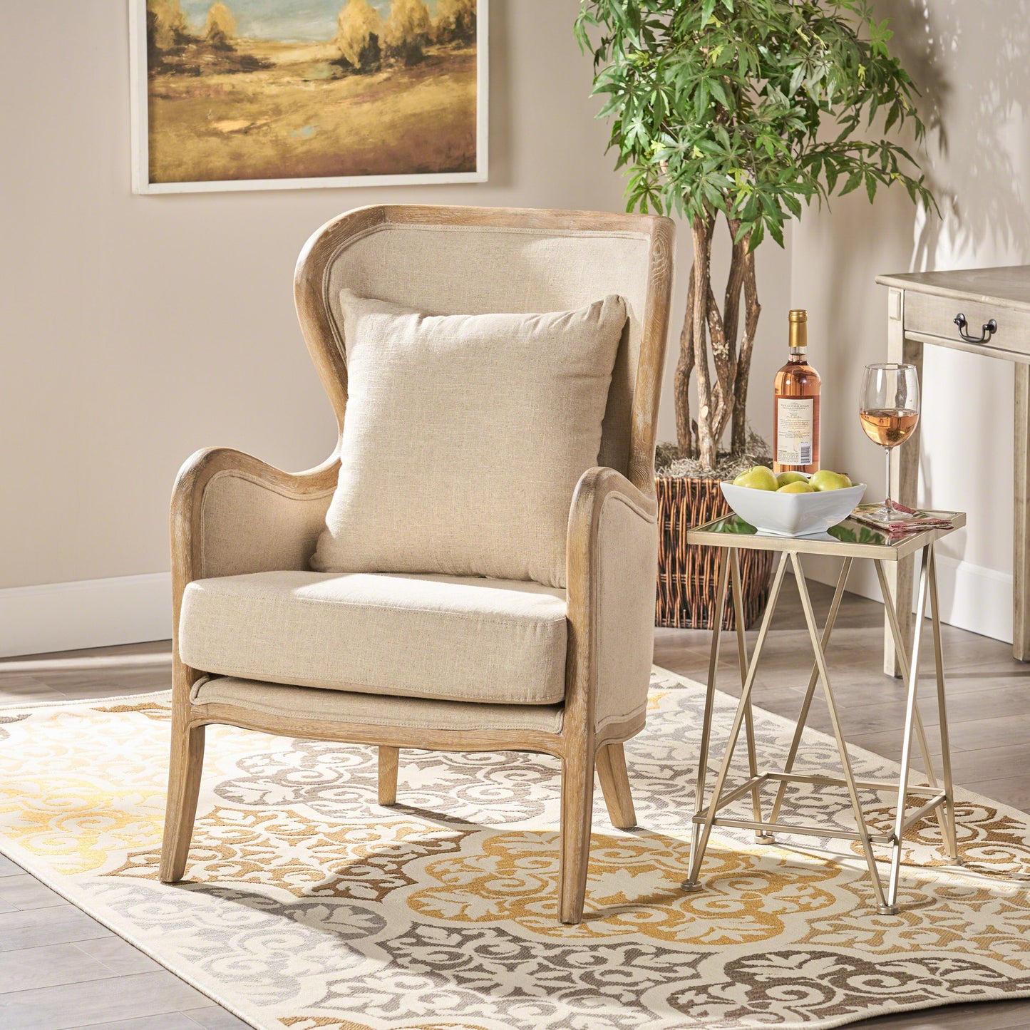 Milton Beige Fabric Wing Chair