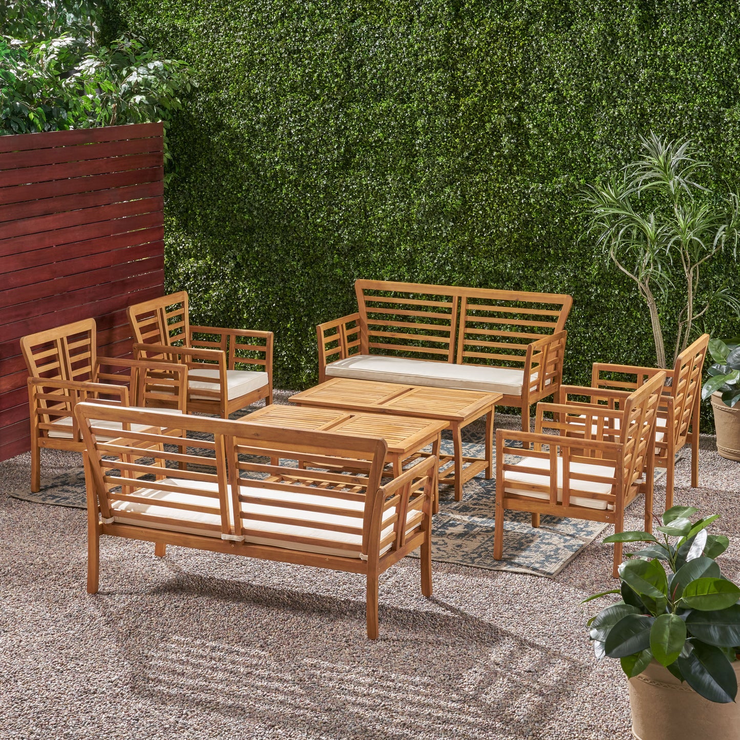 Louis Outdoor Modern Acacia Wood 8 Seater Chat Set with Cushions