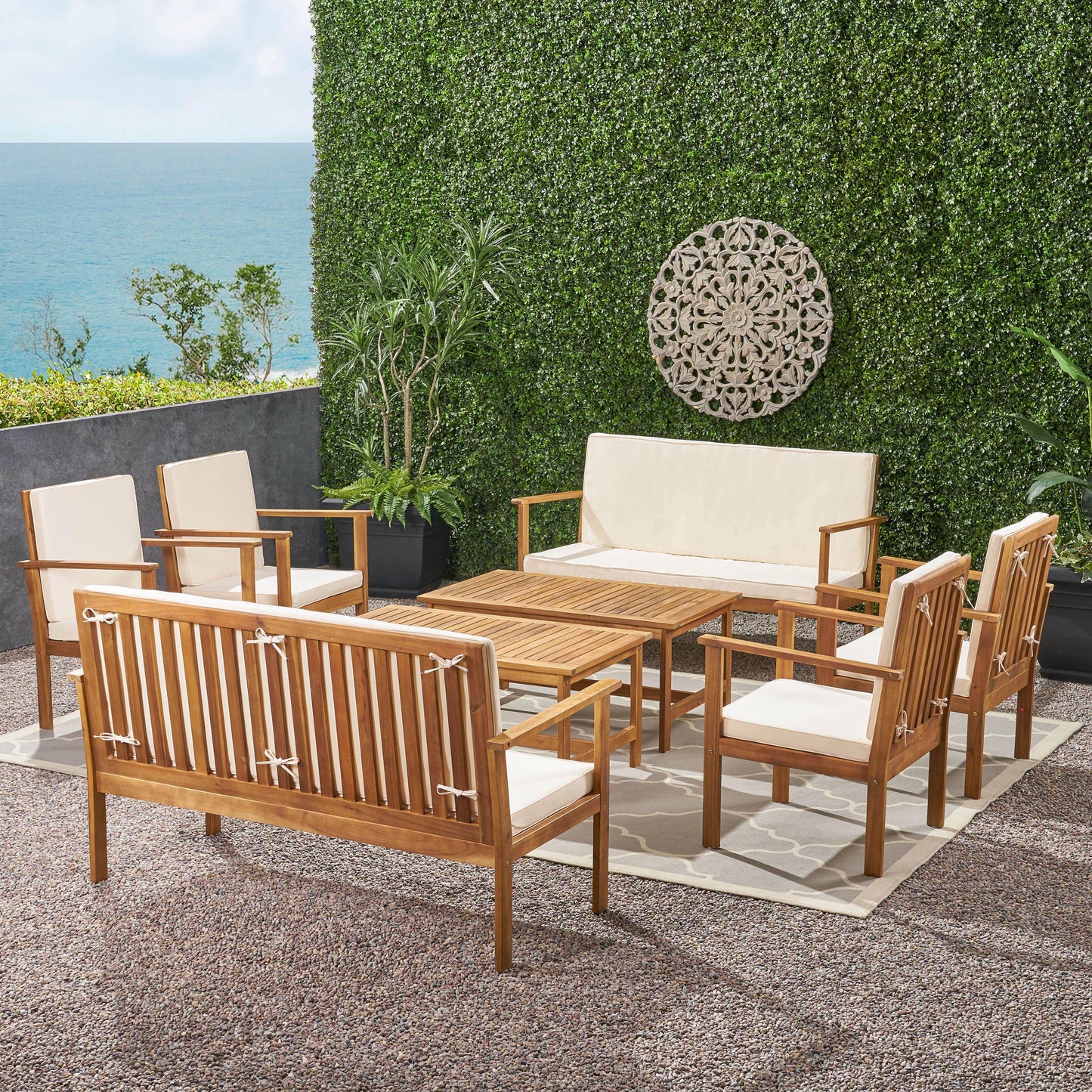 Renata Outdoor Modern Acacia Wood 8 Seater Chat Set with Cushions