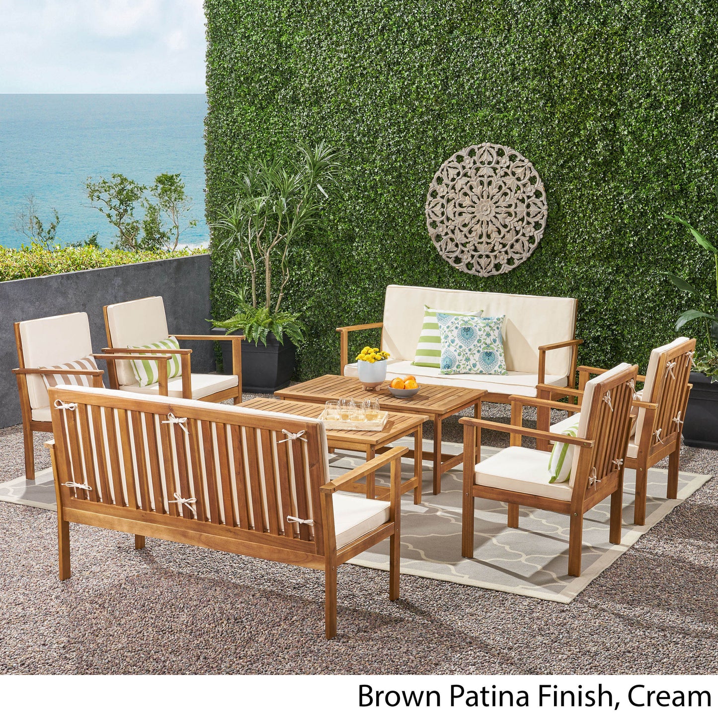 Renata Outdoor Modern Acacia Wood 8 Seater Chat Set with Cushions