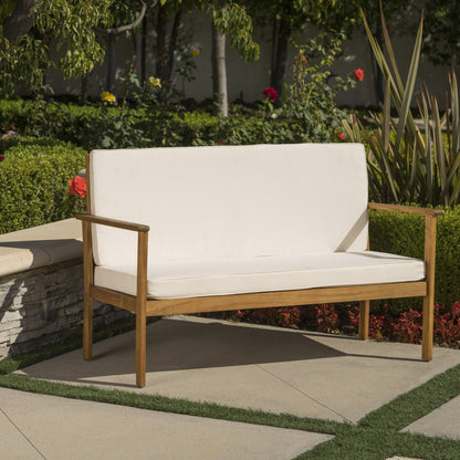 Luna Outdoor Finished Acacia Wood Bench with Water Resistant Fabric Cushion