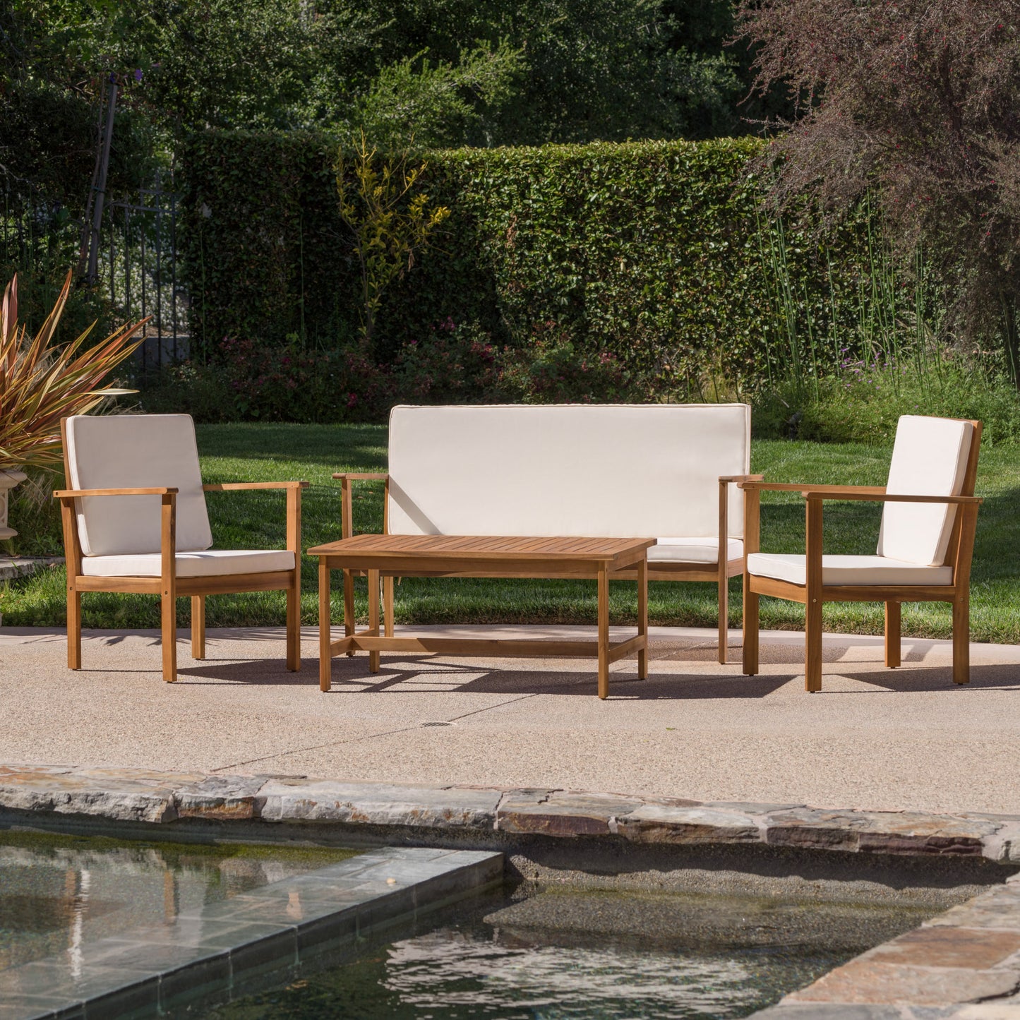 Luciano Outdoor Acacia Wood Chat Set w/ Water Resistant Cushions