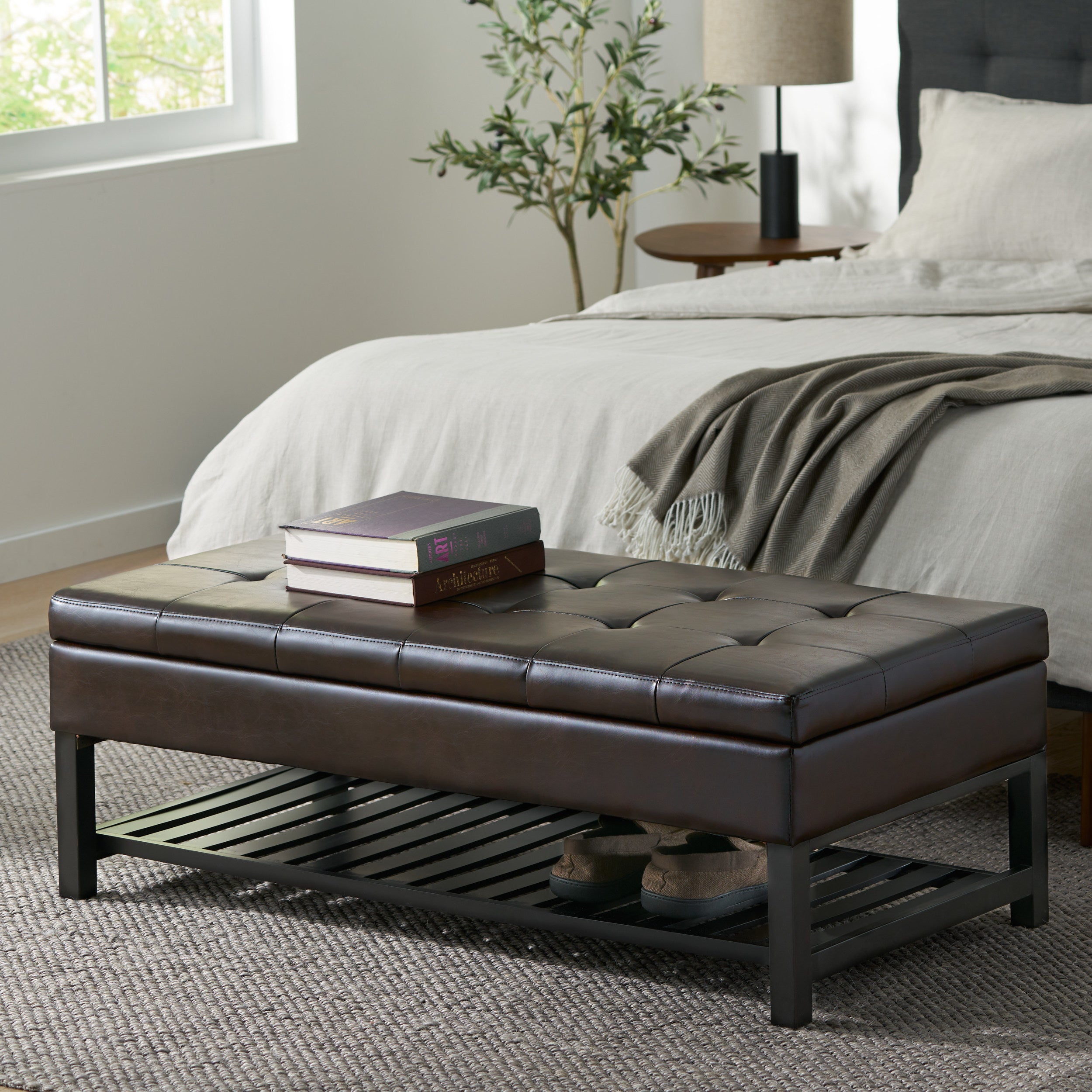 Felix Brown Wood Rectangle Storage Ottoman Coffee Table With