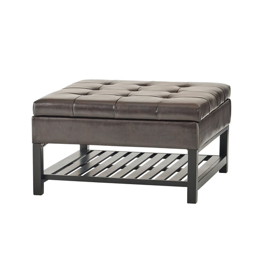 Finn Tufted Brown Leather Square Storage Ottoman Coffee Table