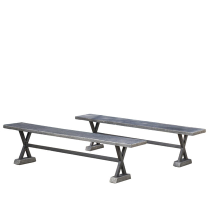 Cogna Farmhouse Brown and Black Lightweight Concrete Dining Benches (Set of 2)