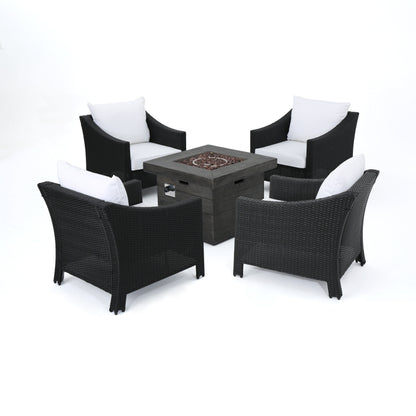 Dione Outdoor 5 Piece Black Wicker Club Chairs Fire Pit Chat Set