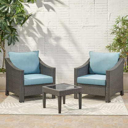 Caspian Outdoor 3 Piece Gray Wicker Chat Set with Teal Water Resistant Cushions