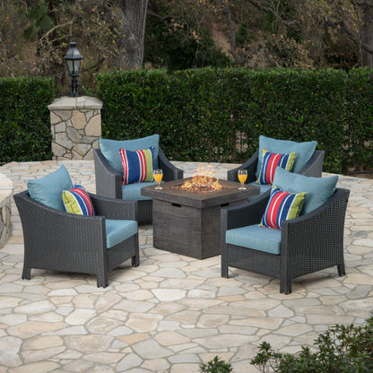 Aspen Outdoor 5 Piece Wicker Water Resistant Cushion Chat Set with Fire Pit
