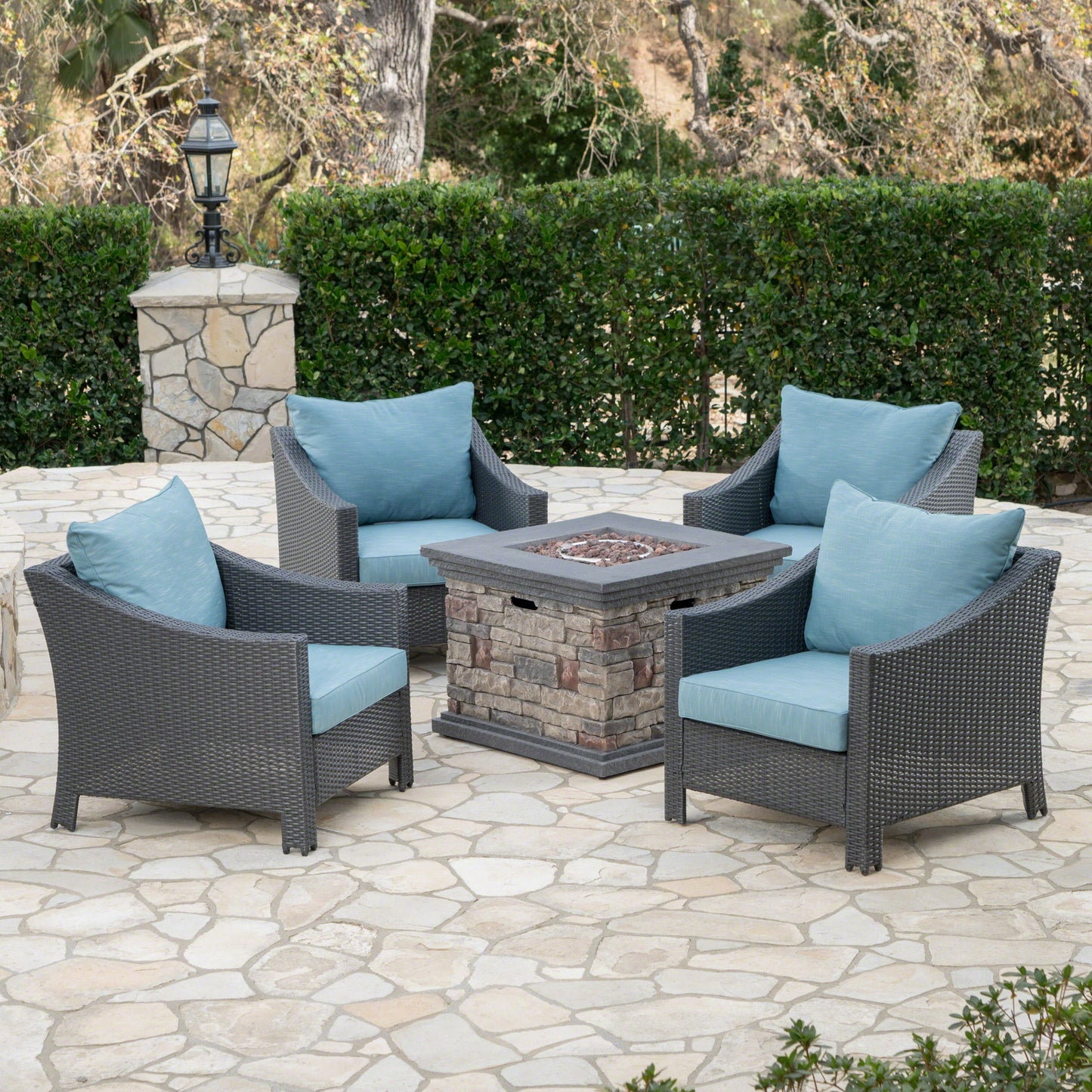 Aspen Outdoor 5 Piece Gray Wicker Chat Set with Stone Finished Fire Pit