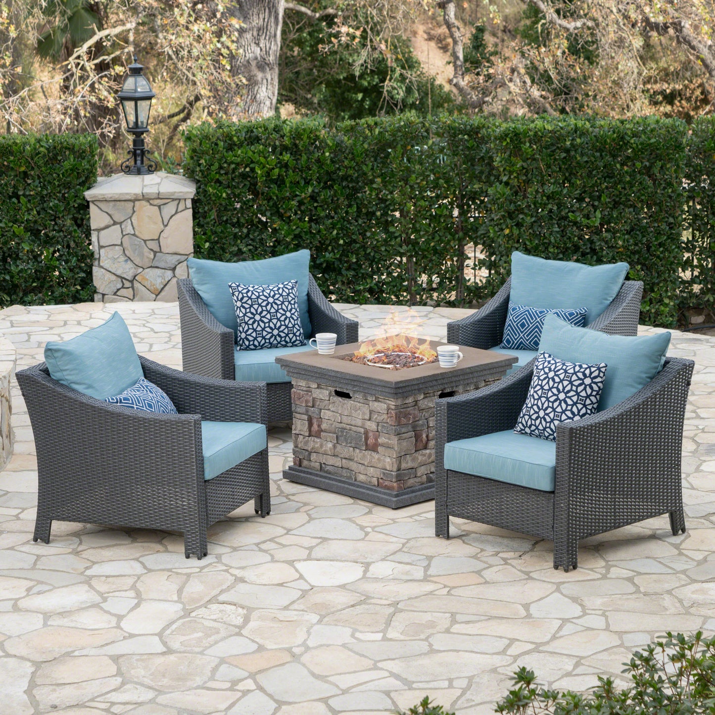 Aspen Outdoor 5 Piece Gray Wicker Chat Set with Stone Finished Fire Pit