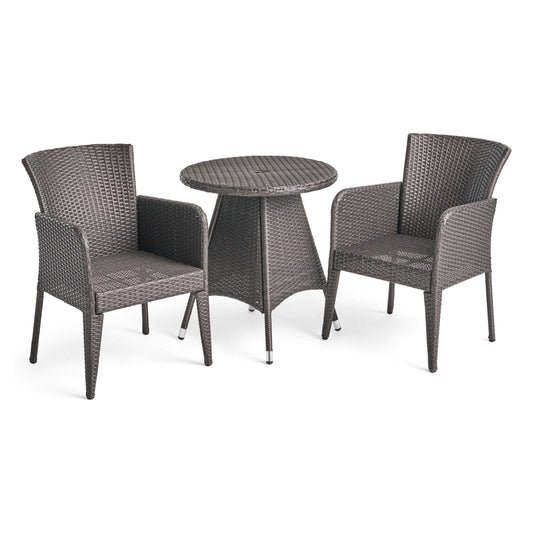 Dilon Outdoor Transitional 3-Piece Gray Wicker Bistro Set with Umbrella Hole