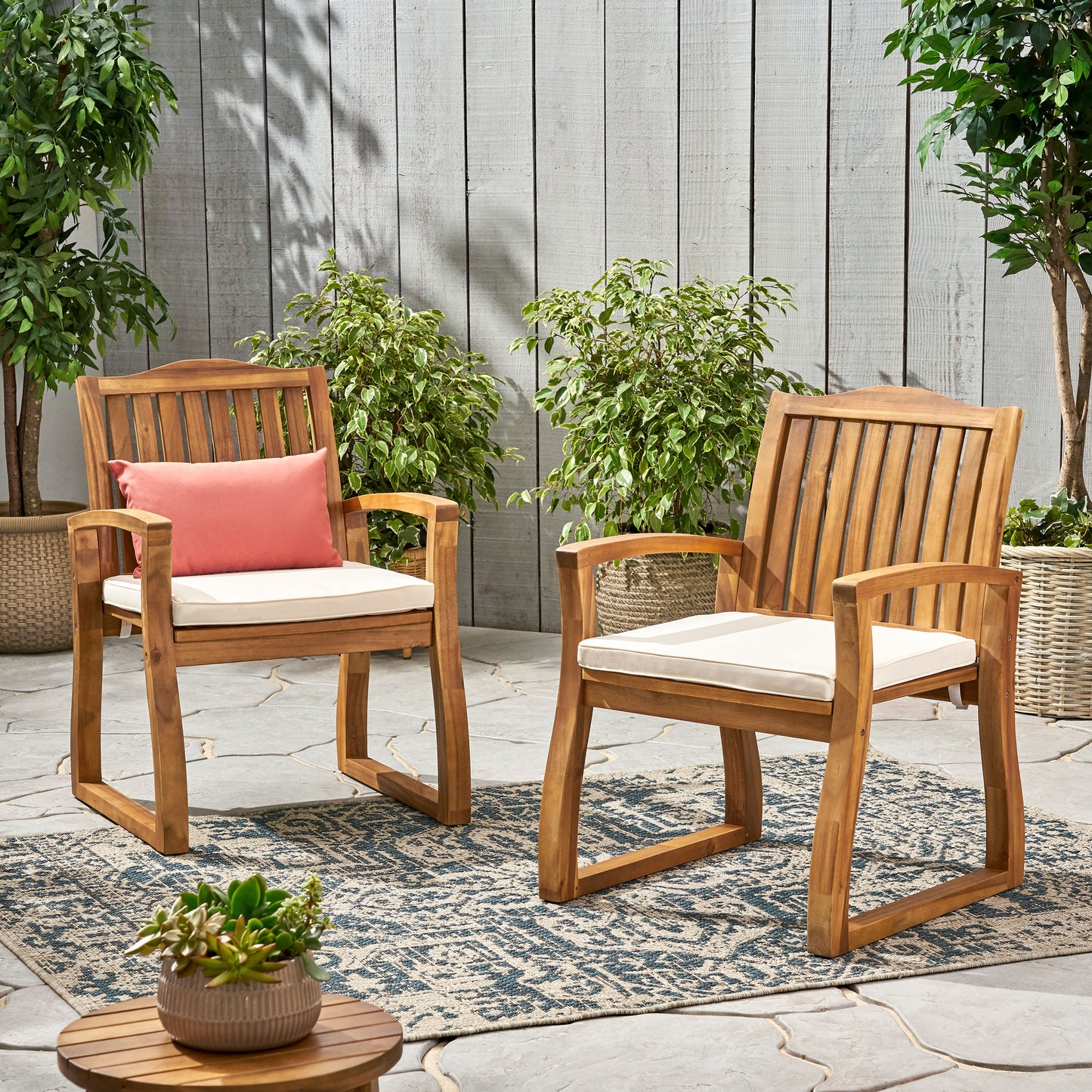 Tampa Teak Finish Acacia Wood Outdoors Dining Chairs (Set of 2)