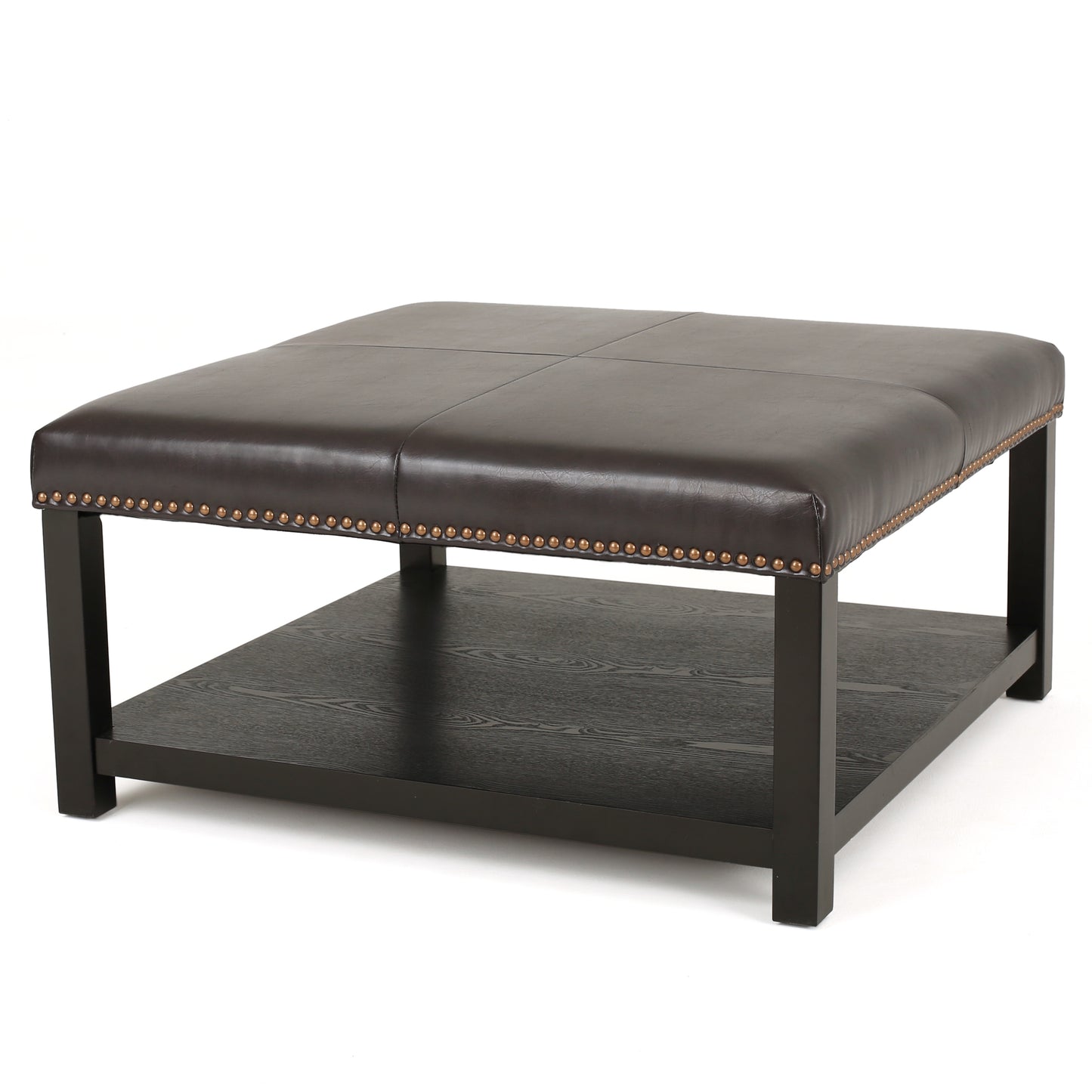Kelapith Contemporary Upholstered Birch Wood Ottoman with Shelf