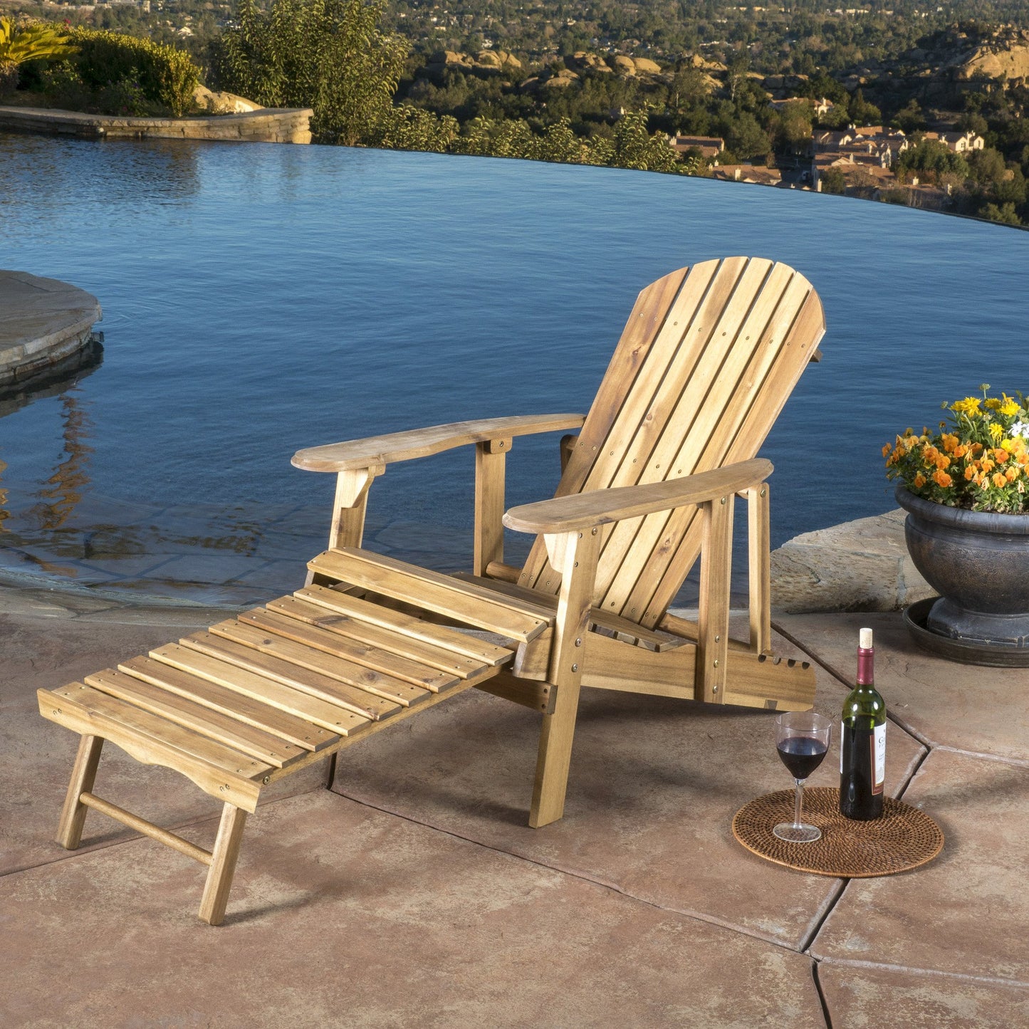 Kono Outdoor Acacia Wood Reclining Adirondack Chair with Footrest (Set of 2), Natural
