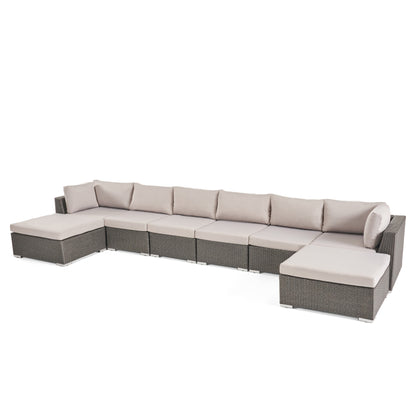 Salome Outdoor 6 Seater Wicker Sofa Set with Aluminum Frame and Cushions, Grey and Silver