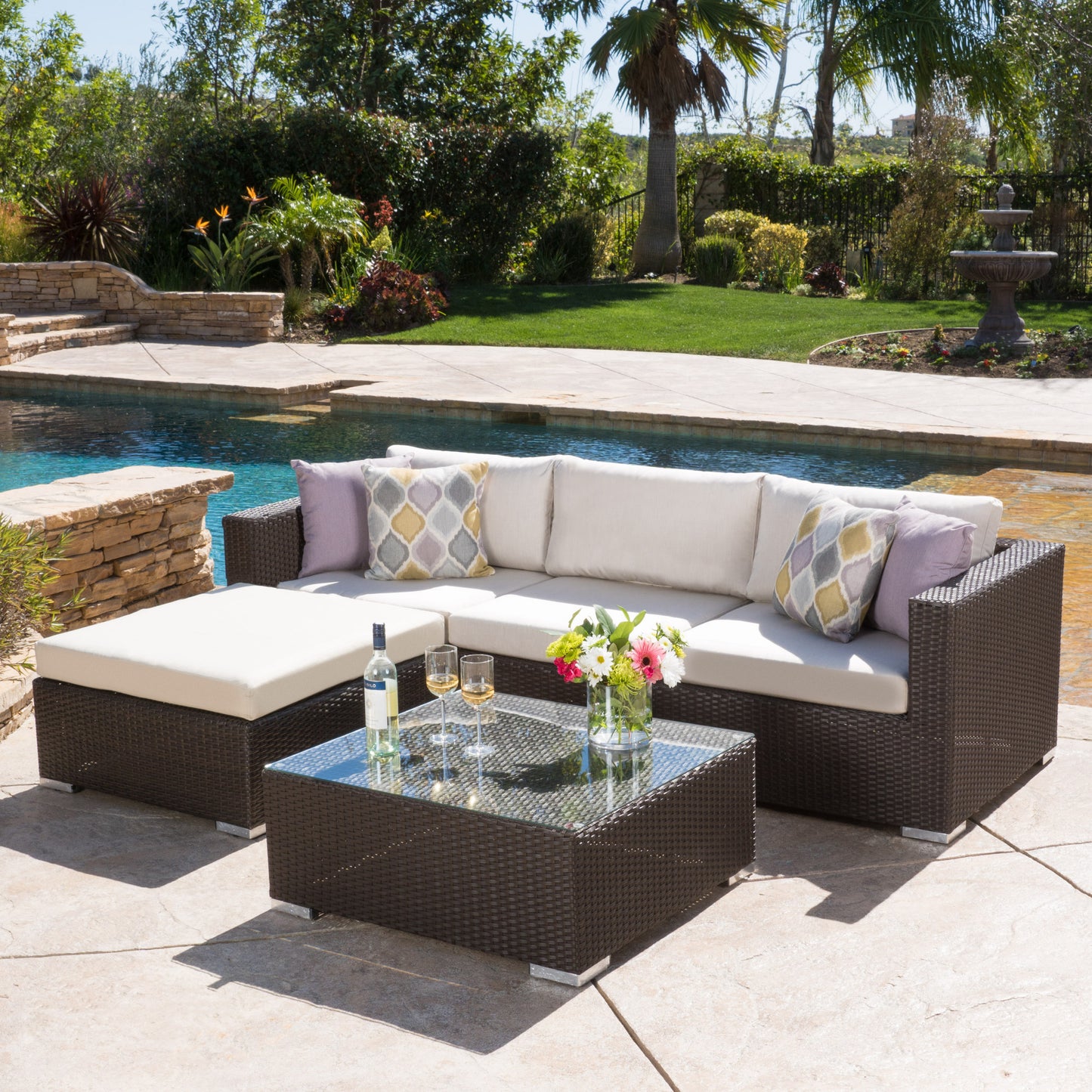 Francisco 5pc Outdoor Brown Wicker/Aluminum Seating Sectional Set w/ Cushions