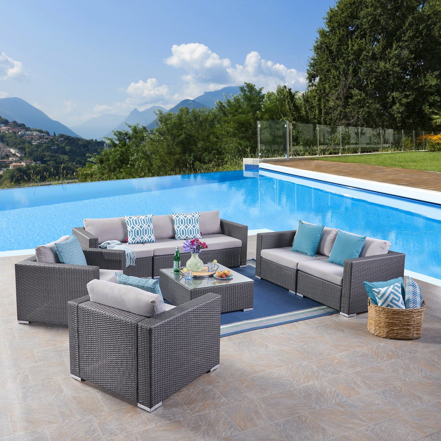 Samuel Outdoor 7 Seater Wicker Sofa Chat Set with Aluminum Frame and Cushions