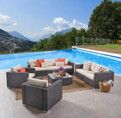 Samuel Outdoor 7 Seater Wicker Sofa Chat Set with Aluminum Frame and Cushions