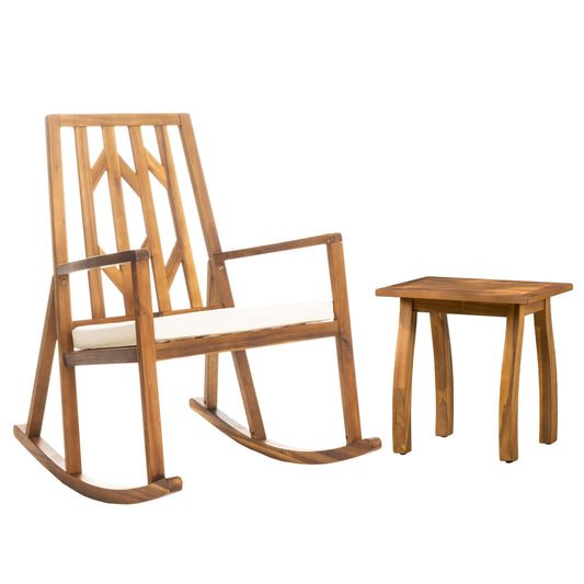 Noble Outdoor Geometric Teak Acacia Wood Rocking Chair with Accent Table