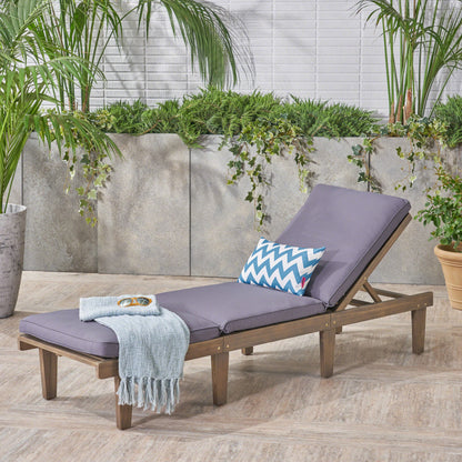 Alisa Outdoor Acacia Wood Chaise Lounge with Cushion, Gray and Dark Gray
