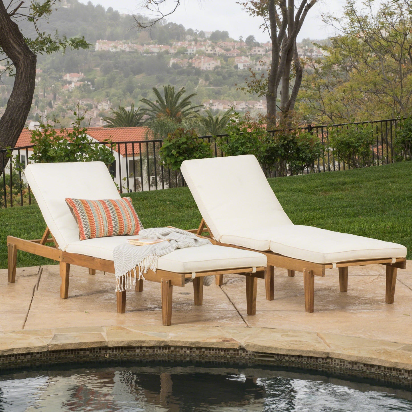 Paolo Outdoor Teak Brown Wood Chaise Lounge with Cushion