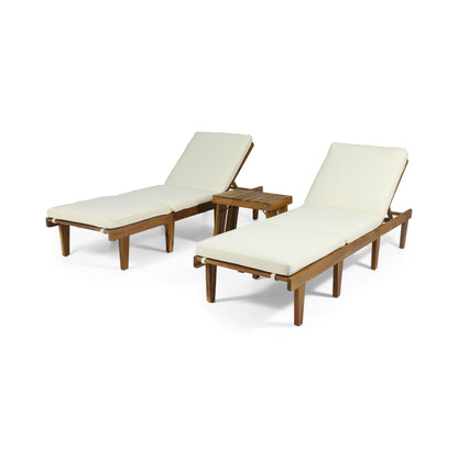 Paolo Outdoor Acacia Wood 3 Piece Chaise Lounge Set with Water-Resistant Cushions
