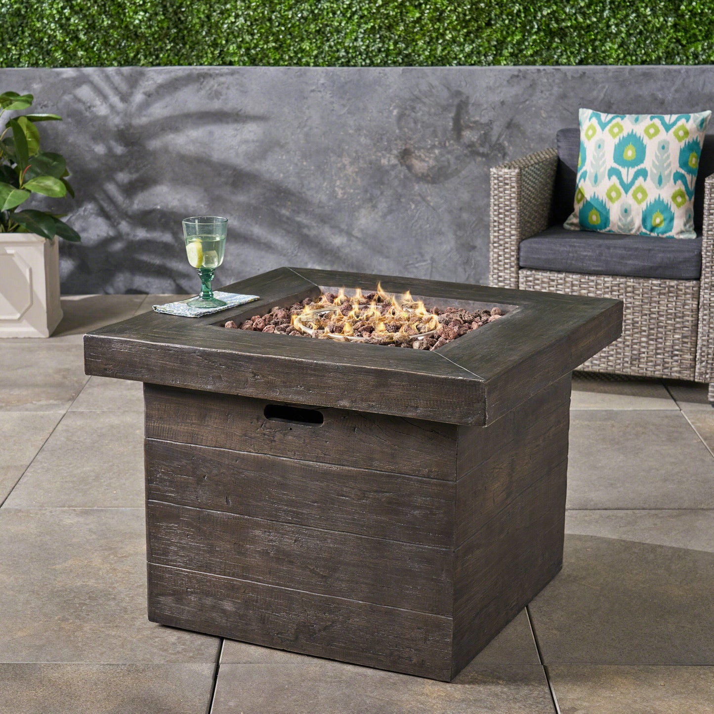 Tompkins Outdoor Square Brown Lightweight Concrete Fire Pit with Wood Design