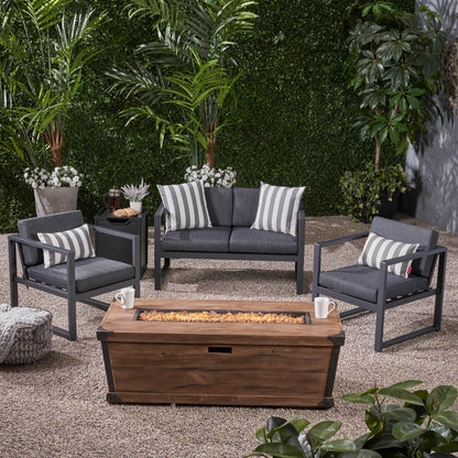 Miraclle Outdoor 3 Piece Aluminum Chat Set with Cushions and Fire Pit