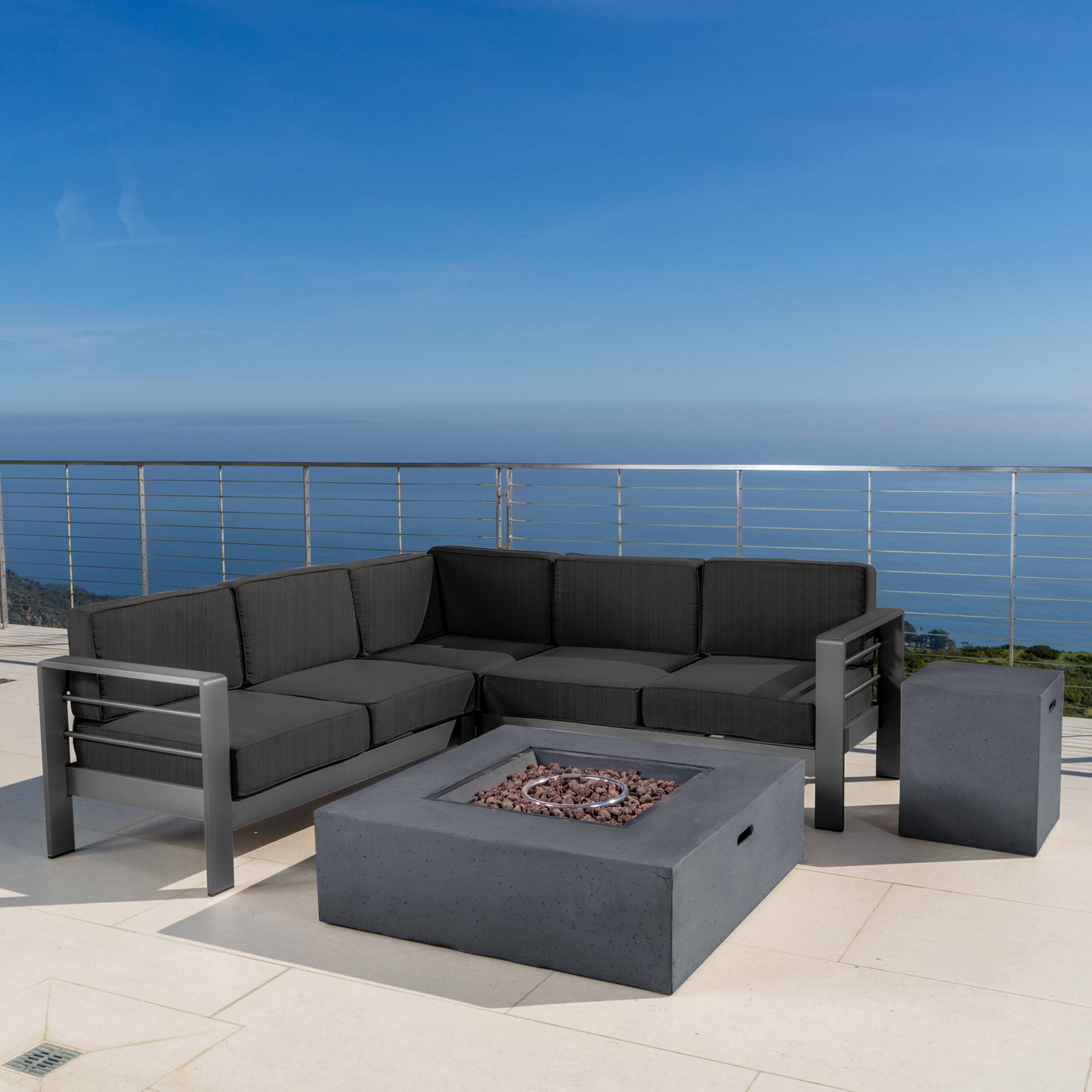 Coral Bay Outdoor Grey Aluminum 5 Piece V-Shape Sectional Sofa Set with Fire Table