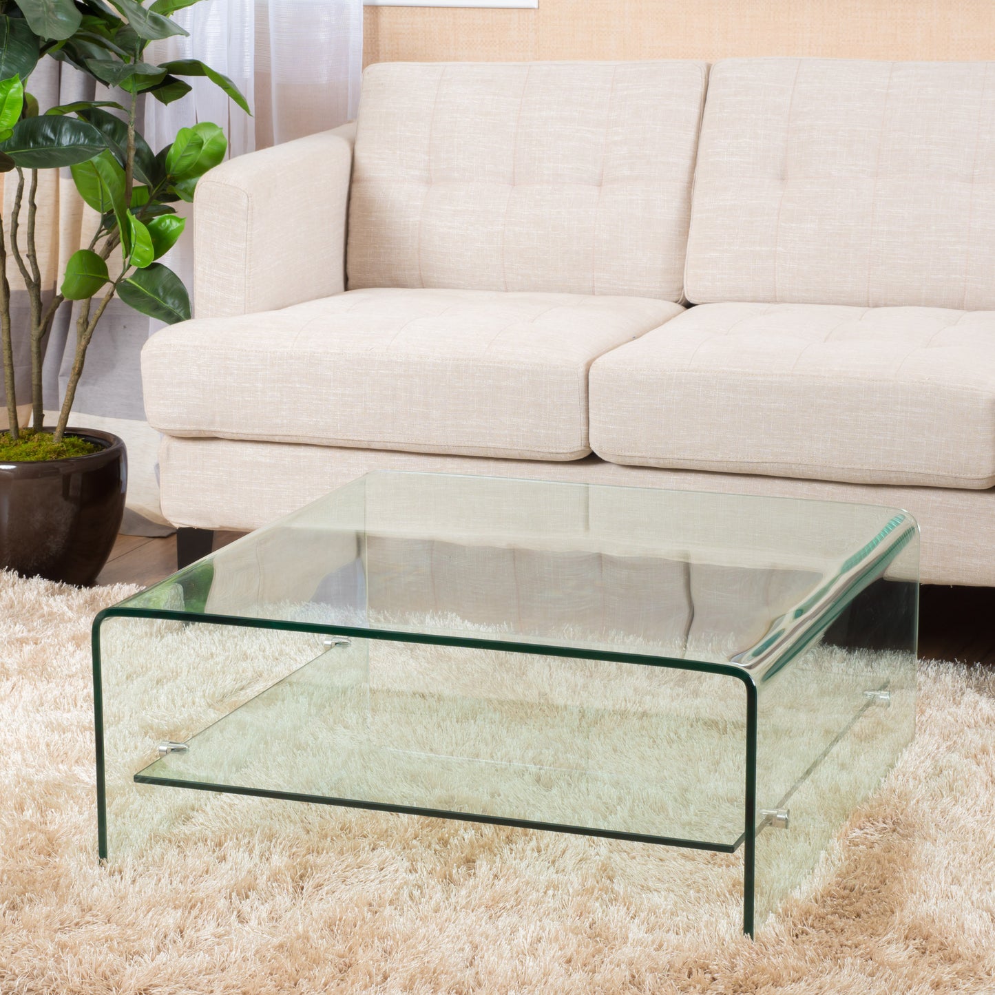 Classon Modern Square Tempered Glass Coffee Table with Shelf